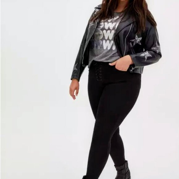 Black Sequin Stars Faux Leather Moto Jacket - Picture 2 of 5